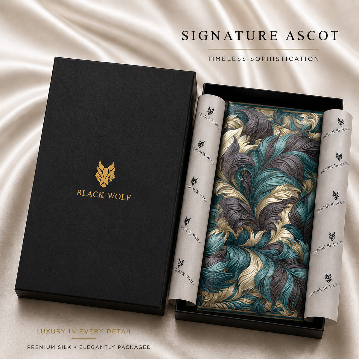 MIDNIGHT LEAVES SILK ASCOT – PREMIUM COLLECTION