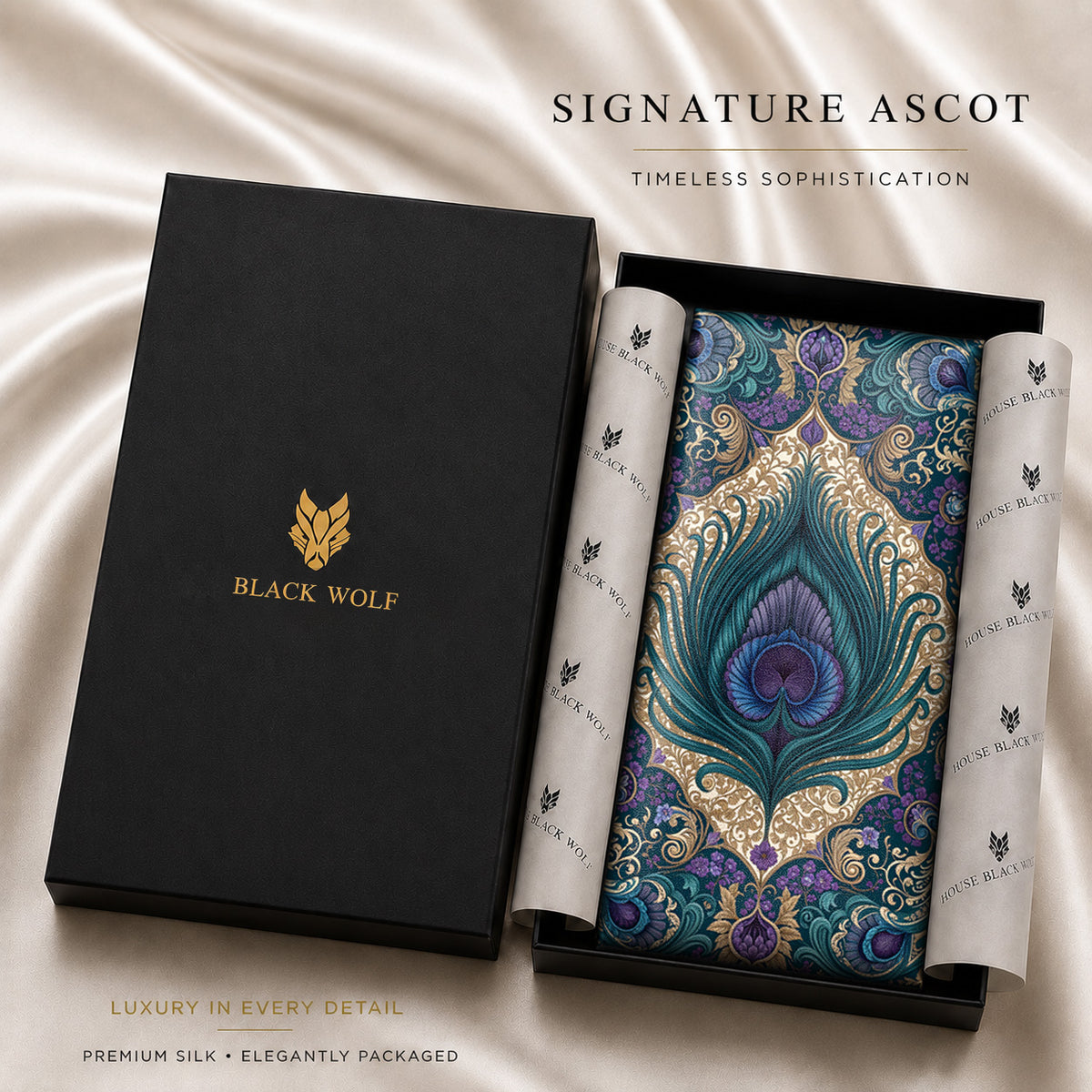 PEACOCK REVERIE SILK ASCOT – PREMIUM COLLECTION