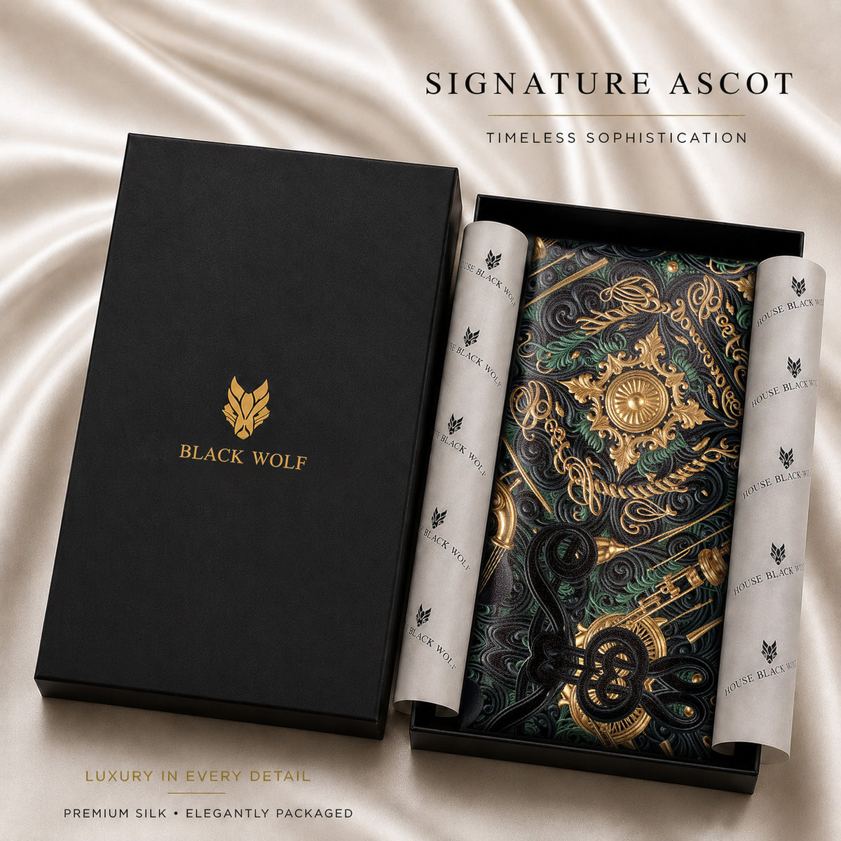RHAPSODY NOIR SILK ASCOT – PREMIUM COLLECTION