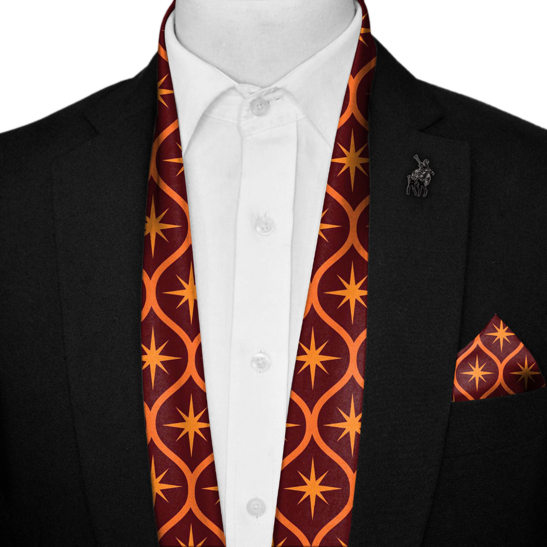 ORANGE ATOMIC SILK SCARF WITH LAPEL PIN AND POCKET SQUARE