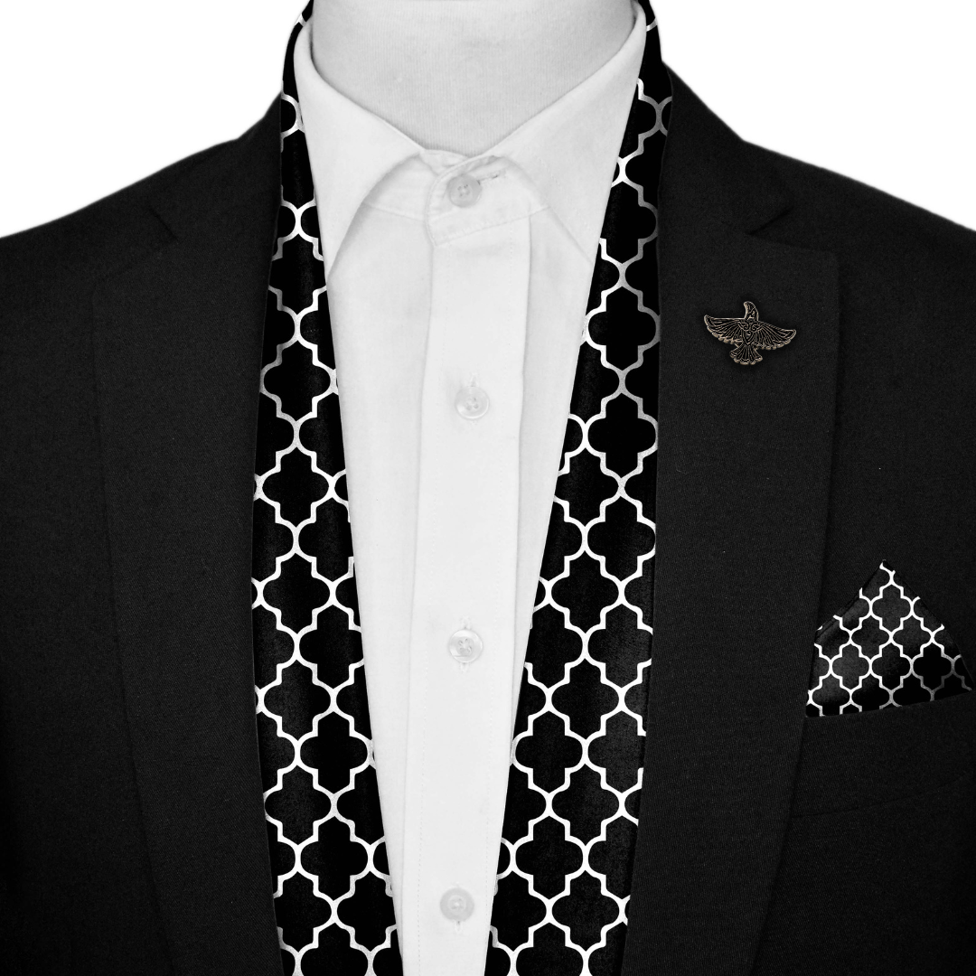 SILVER GEOMETRIC SILK SCARF WITH LAPEL PIN AND POCKET SQUARE