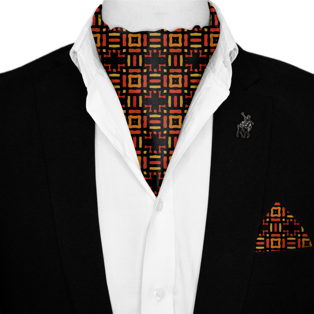 MODERN BALOCHI SILK ASCOT WITH LAPEL PIN AND POCKET SQUARE
