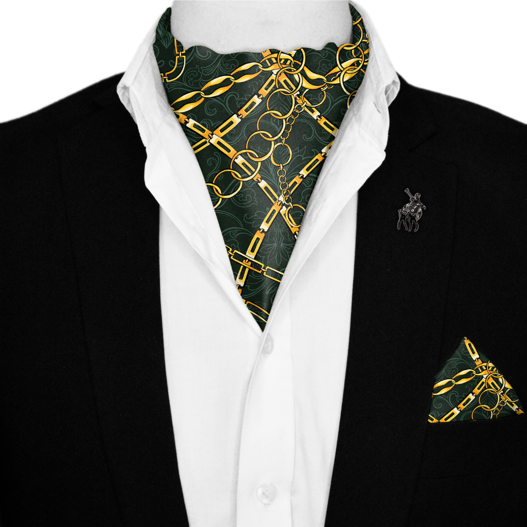 LOOP CHAIN SILK ASCOT WITH LAPEL PIN AND POCKET SQUARE