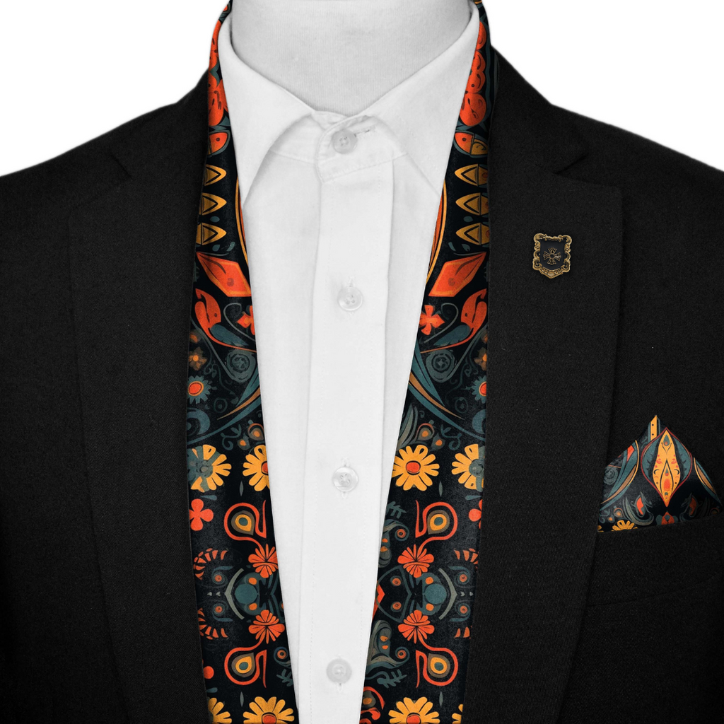 ETHNIC ANTIQUES SILK SCARF WITH LAPEL PIN AND POCKET SQUARE
