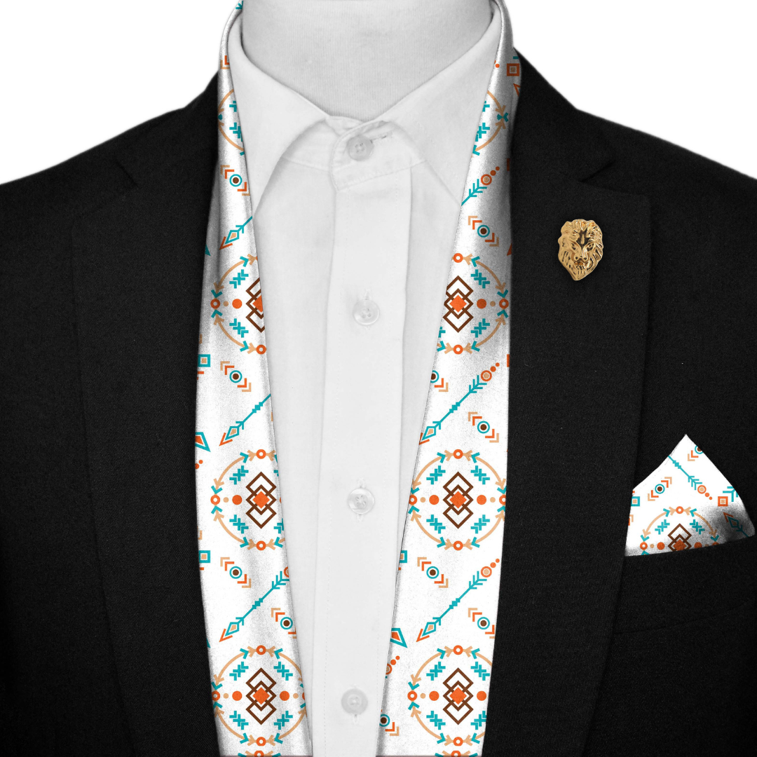 TRIBAL DESIGN SILK SCARF WITH LAPEL PIN AND POCKET SQUARE