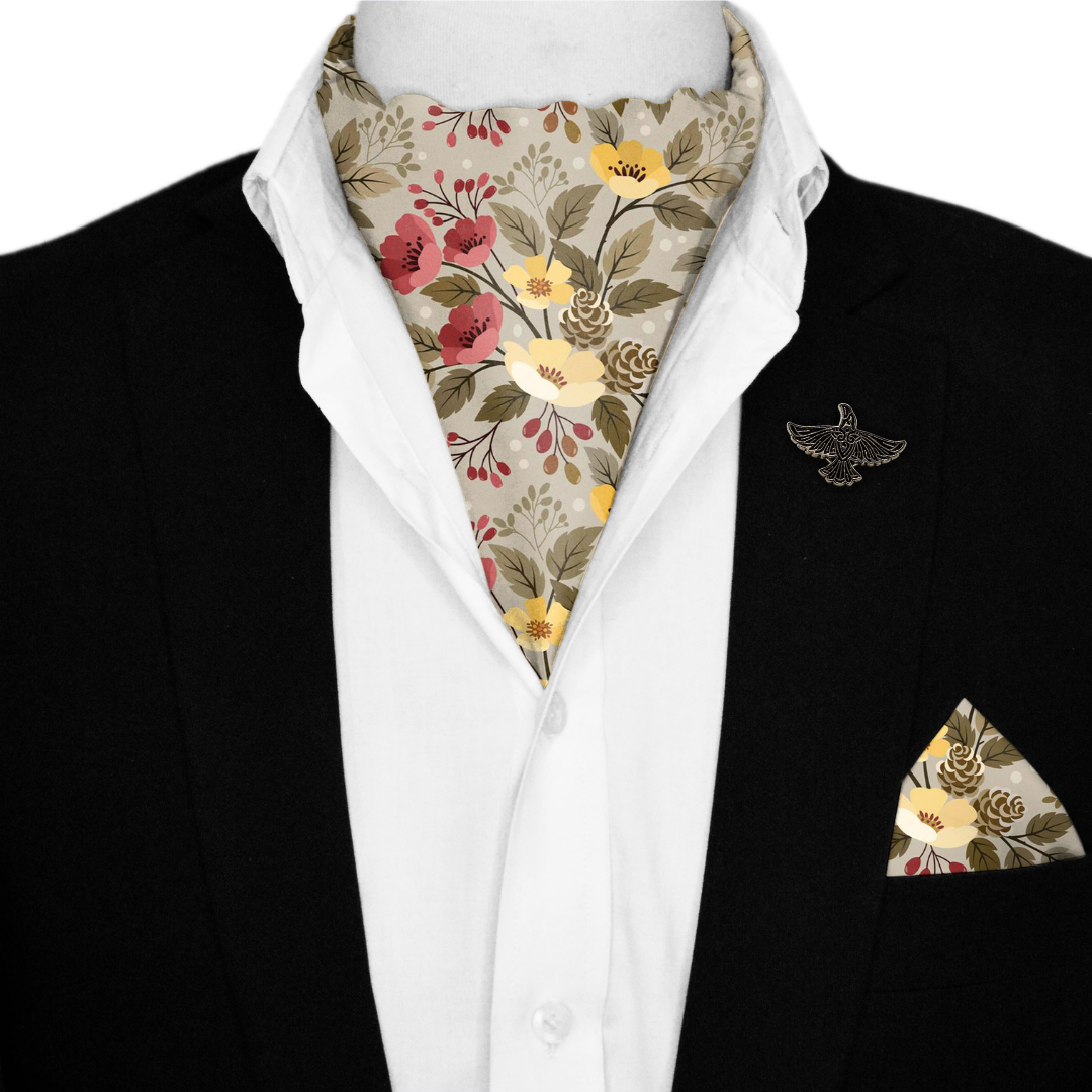 FLOWER PATTERN SILK ASCOT WITH LAPEL PIN AND POCKET SQUARE