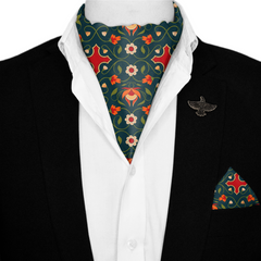 FLOWER AND LEAVES SILK ASCOT WITH LAPEL PIN AND POCKET SQUARE