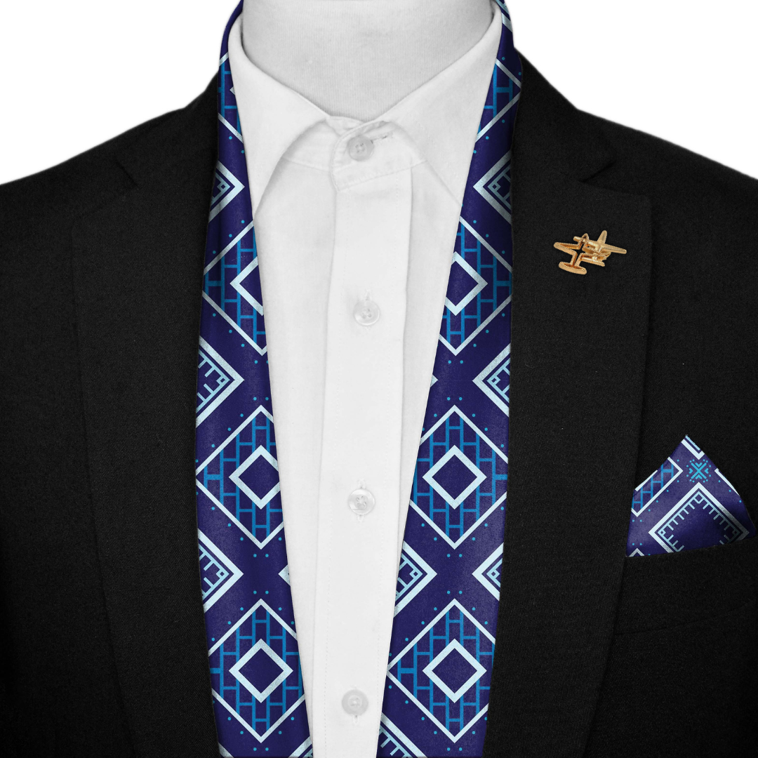 BLUE GEOMATRIC SILK SCARF WITH LAPEL PIN AND POCKET SQUARE