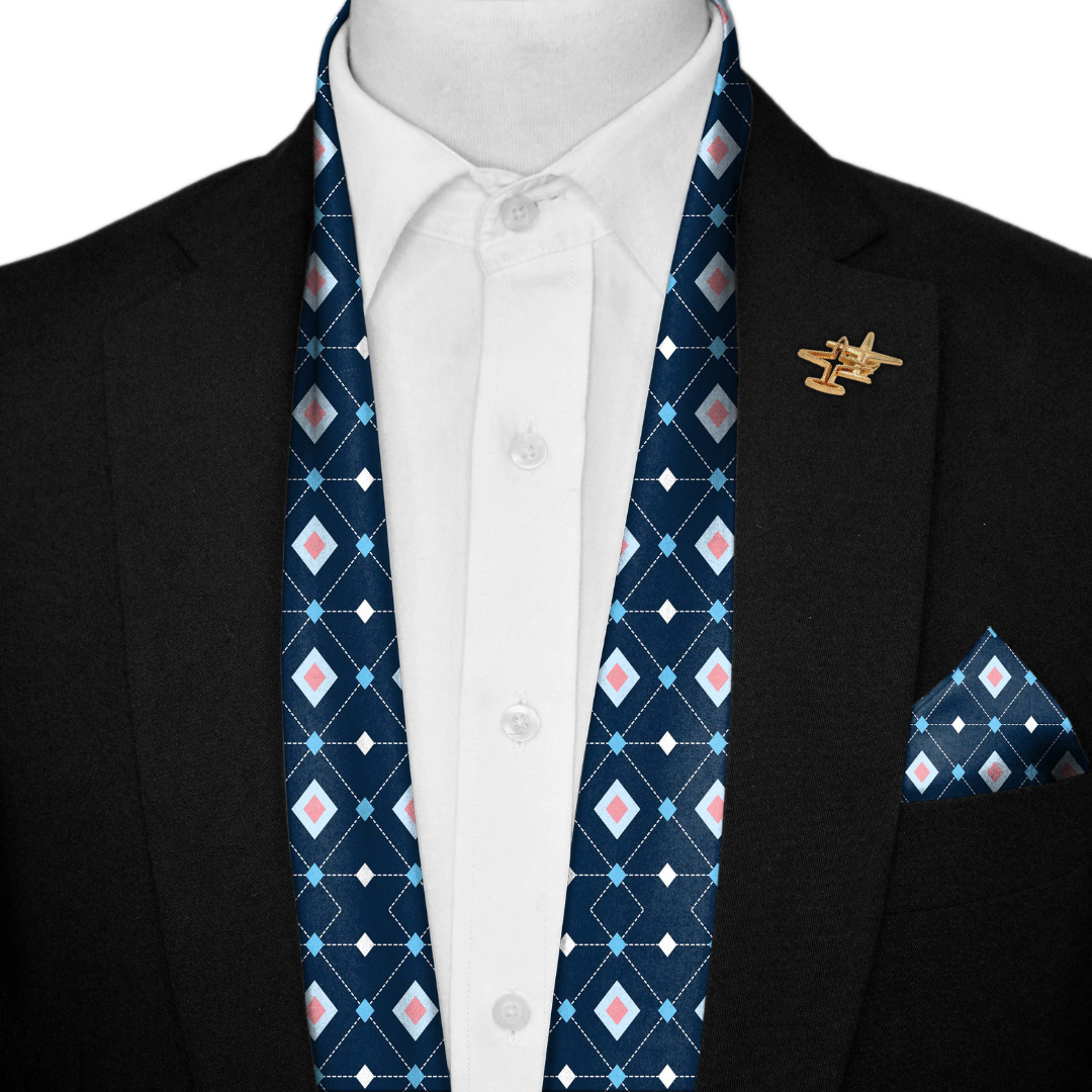 DIAMOND BLUE GEOMETRIC SILK SCARF WITH LAPEL PIN AND POCKET SQUARE