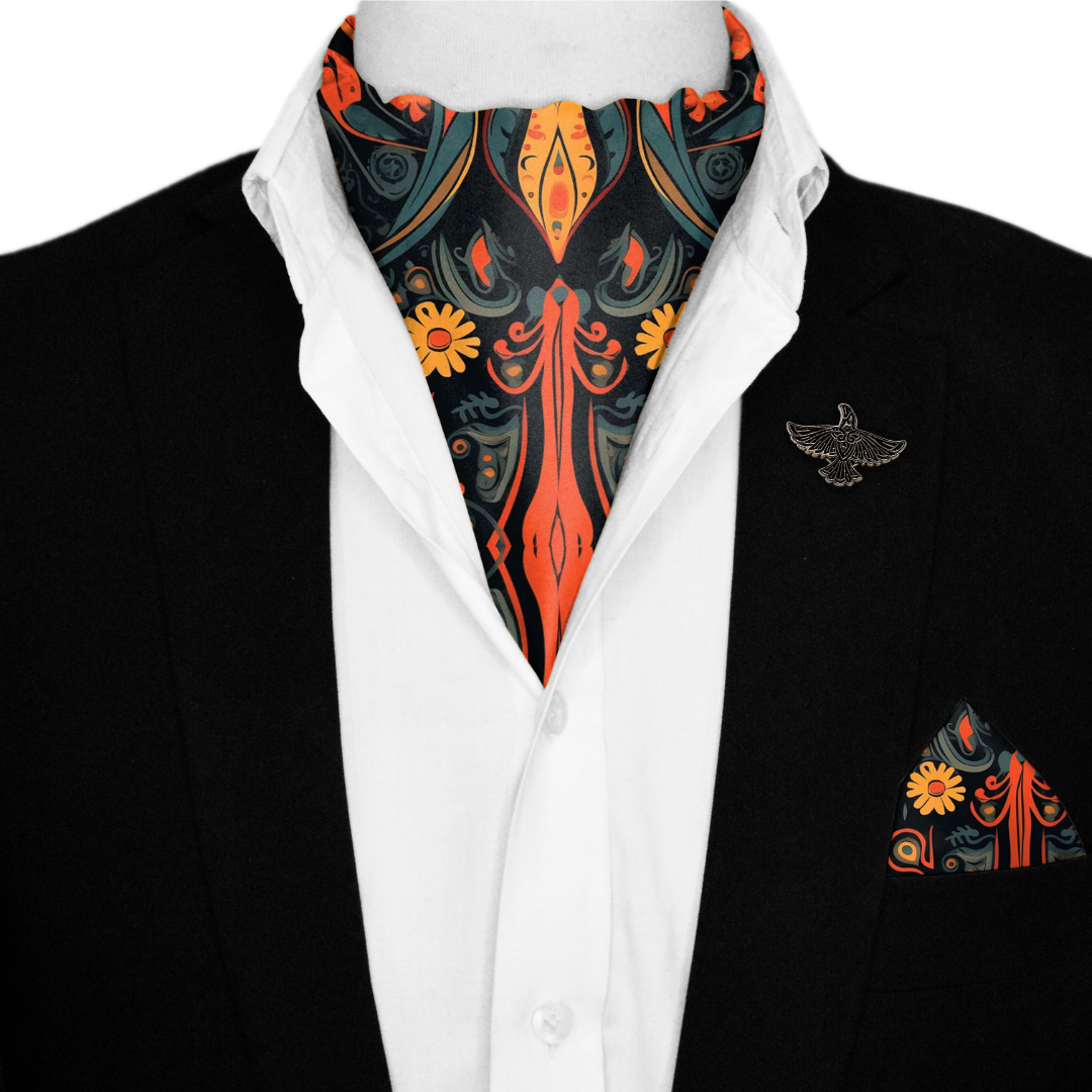 ETHNIC ANTIQUES SILK ASCOT WITH LAPEL PIN AND POCKET SQUARE