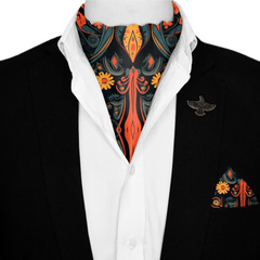 ETHNIC ANTIQUES SILK ASCOT WITH LAPEL PIN AND POCKET SQUARE