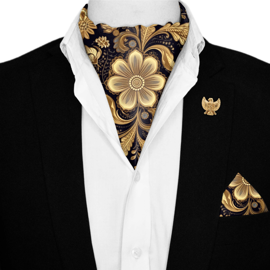 WILLIAM MORRISS GOLD AND BLACK SILK ASCOT WITH LAPEL PIN AND POCKET SQUARE
