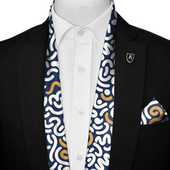 DOODLE ART SILK SCARF WITH LAPEL PIN AND POCKET SQUARE