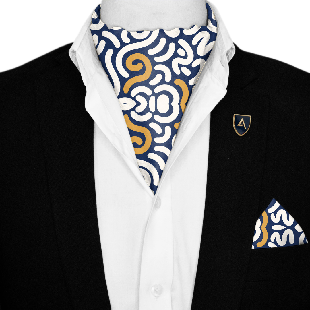 DOODLE ART SILK ASCOT WITH LAPEL PIN AND POCKET SQUARE