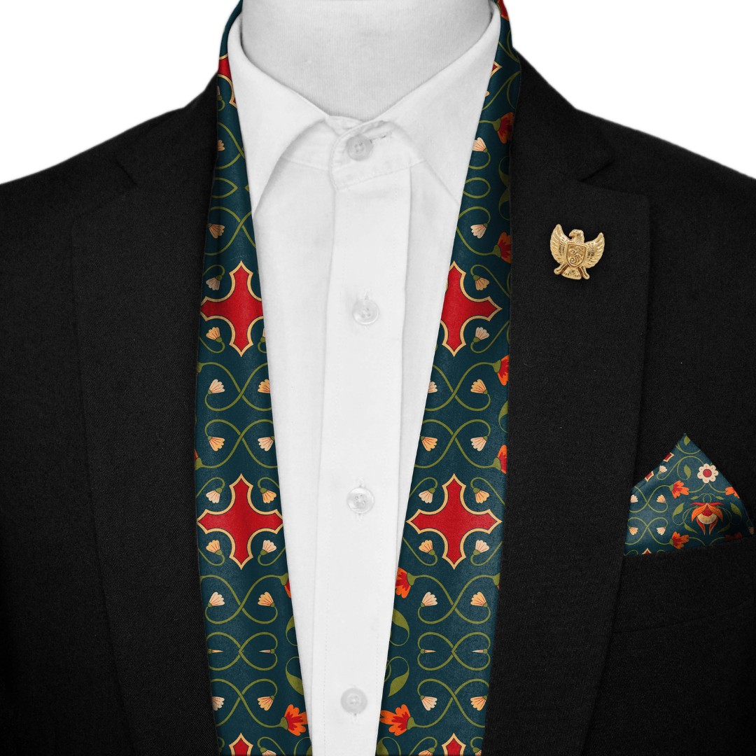 FLOWER AND LEAVES SILK SCARF WITH LAPEL PIN AND POCKET SQUARE