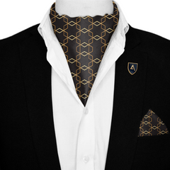 BURBERRY CHOCOLATE SILK ASCOT WITH LAPEL PIN AND POCKET SQUARE