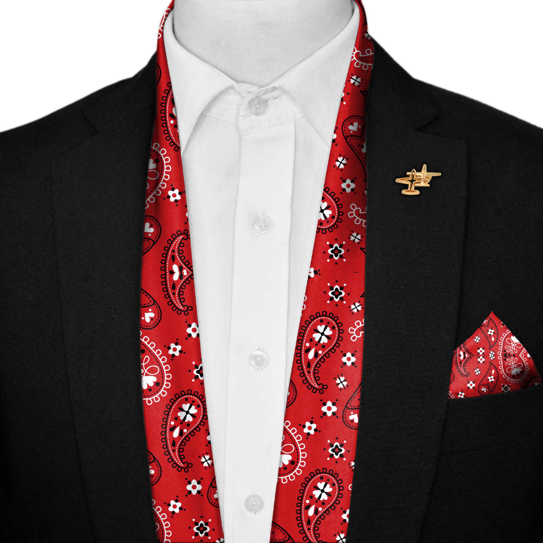 RED PAISLEY SILK SCARF WITH LAPEL PIN AND POCKET SQUARE
