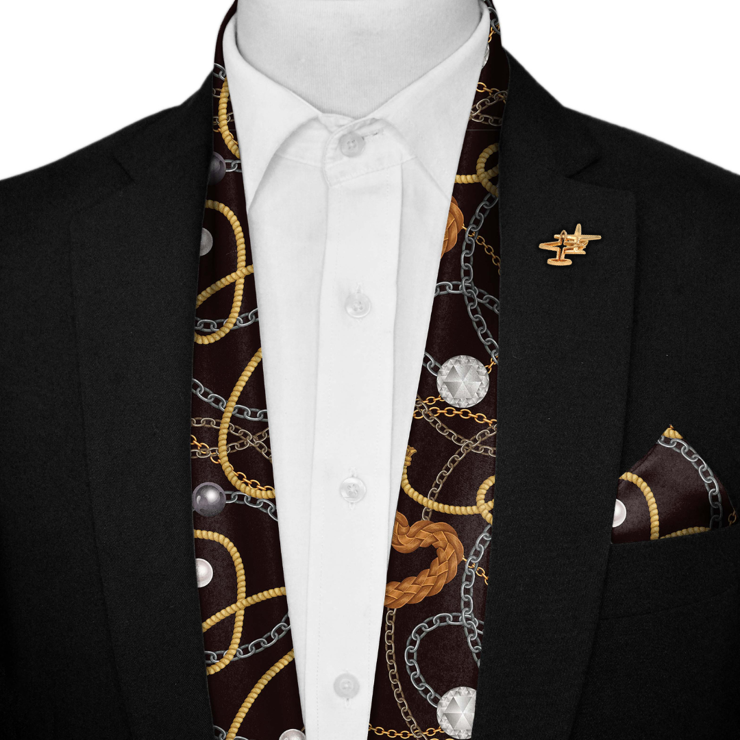 SEAMLESS CHAIN SILK SCARF WITH LAPEL PIN AND POCKET SQUARE