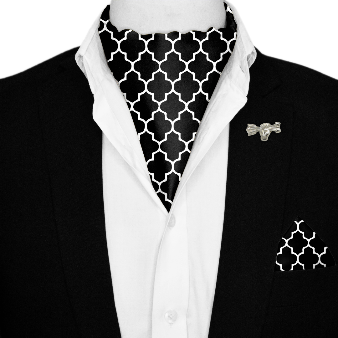 SILVER GEOMETRIC SILK ASCOT WITH LAPEL PIN AND POCKET SQUARE