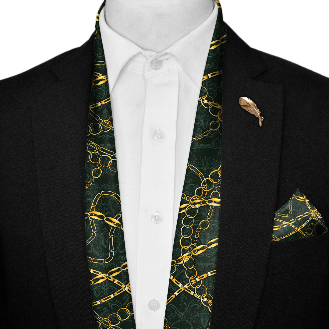 LOOP CHAIN SILK SCARF WITH LAPEL PIN AND POCKET SQUARE