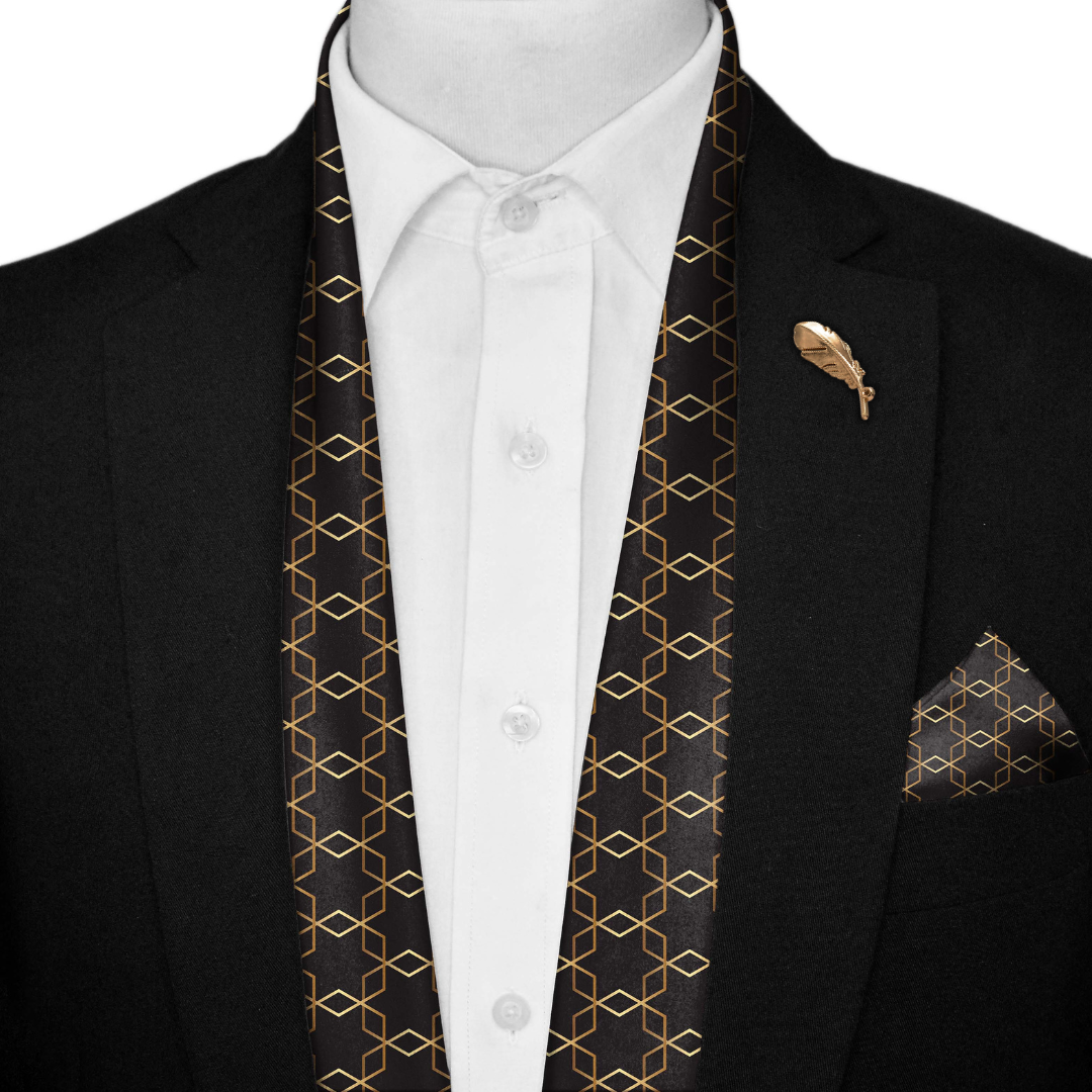 BURBERRY CHOCOLATE SILK SCARF WITH LAPEL PIN AND POCKET SQUARE