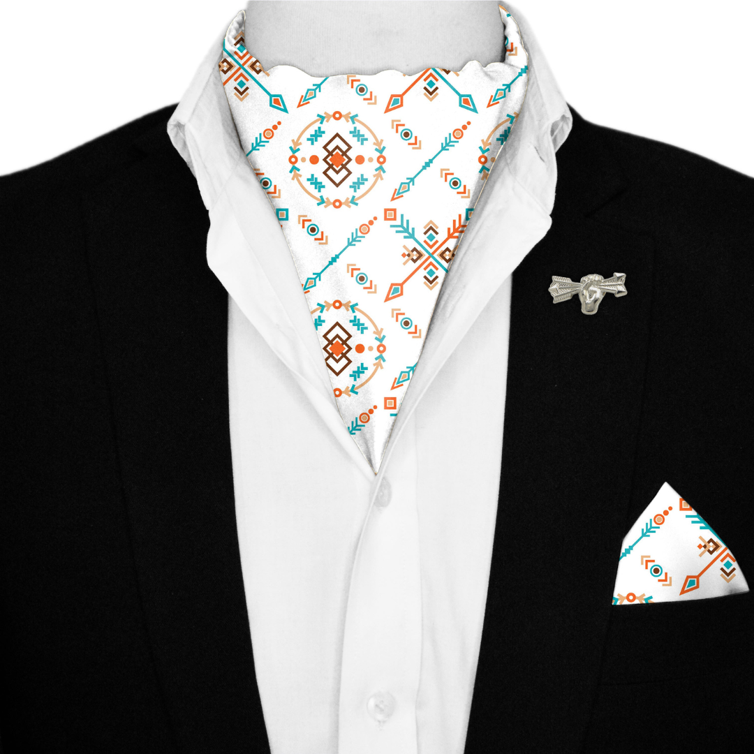 TRIBAL DESIGN SILK ASCOT WITH LAPEL PIN AND POCKET SQUARE