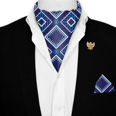 BLUE GEOMATRIC SILK ASCOT WITH LAPEL PIN AND POCKET SQUARE
