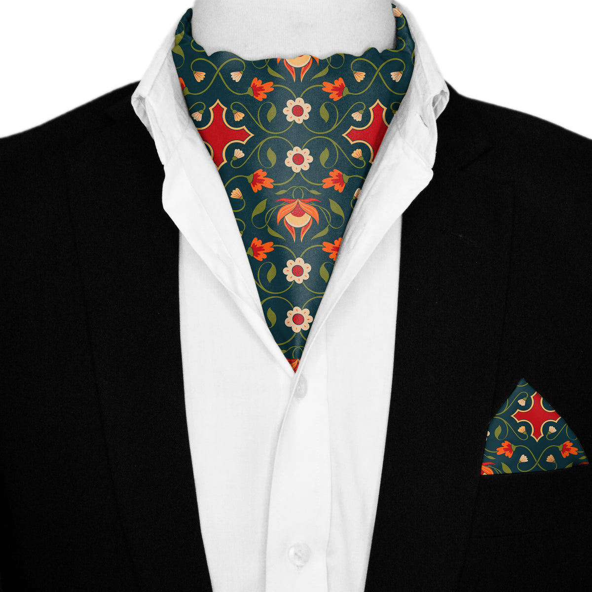 FLOWER & LEAVES  SILK ASCOT AND POCKET SQUARE SET – PREMIUM COLLECTION