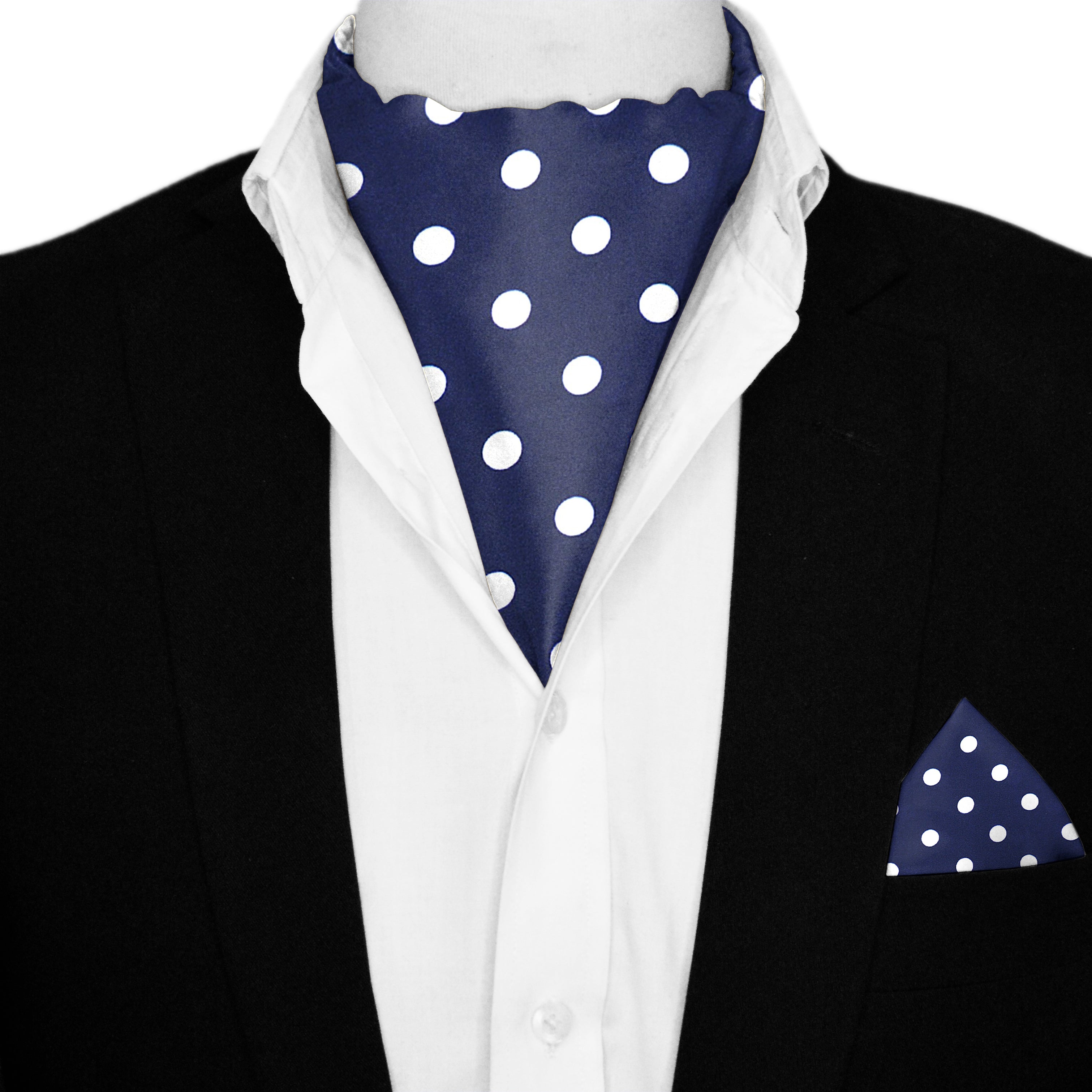 SMALL BLUE POLKA DOTS SILK ASCOT AND POCKET SQUARE SET – PREMIUM COLLECTION