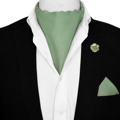 OLIVE LIGHT GREEN SILK ASCOT WITH LAPEL PIN AND POCKET SQUARE