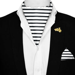 WHITE STRIPS SILK ASCOT WITH LAPEL PIN AND POCKET SQUARE