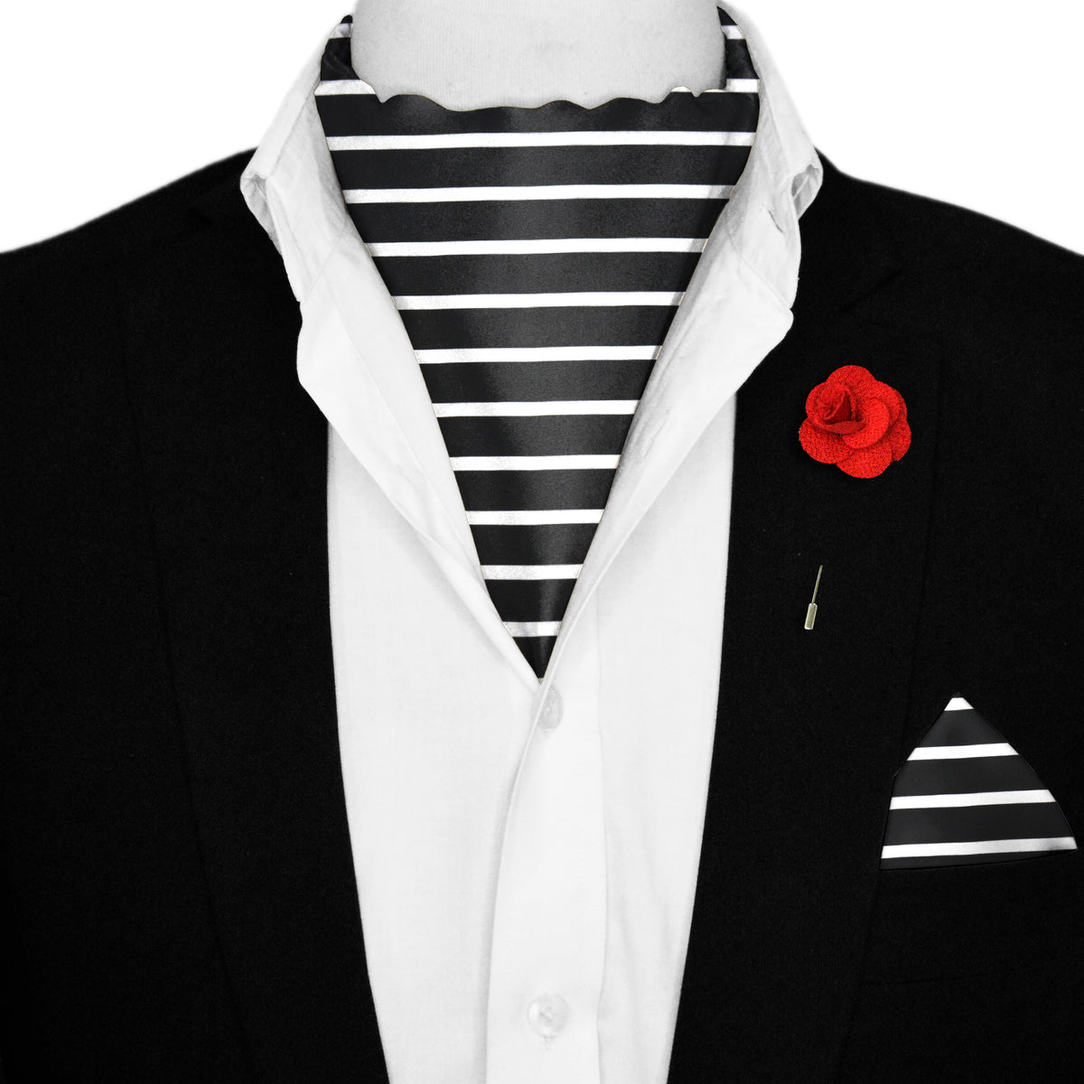 BLACK STRIPS SILK ASCOT WITH LAPEL PIN AND POCKET SQUARE