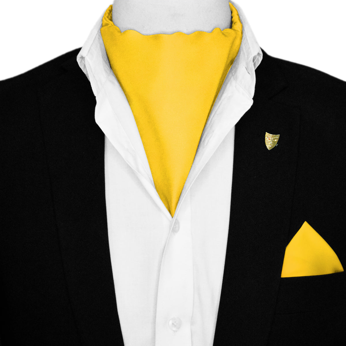 MUSTARD SILK ASCOT WITH LAPEL PIN AND POCKET SQUARE