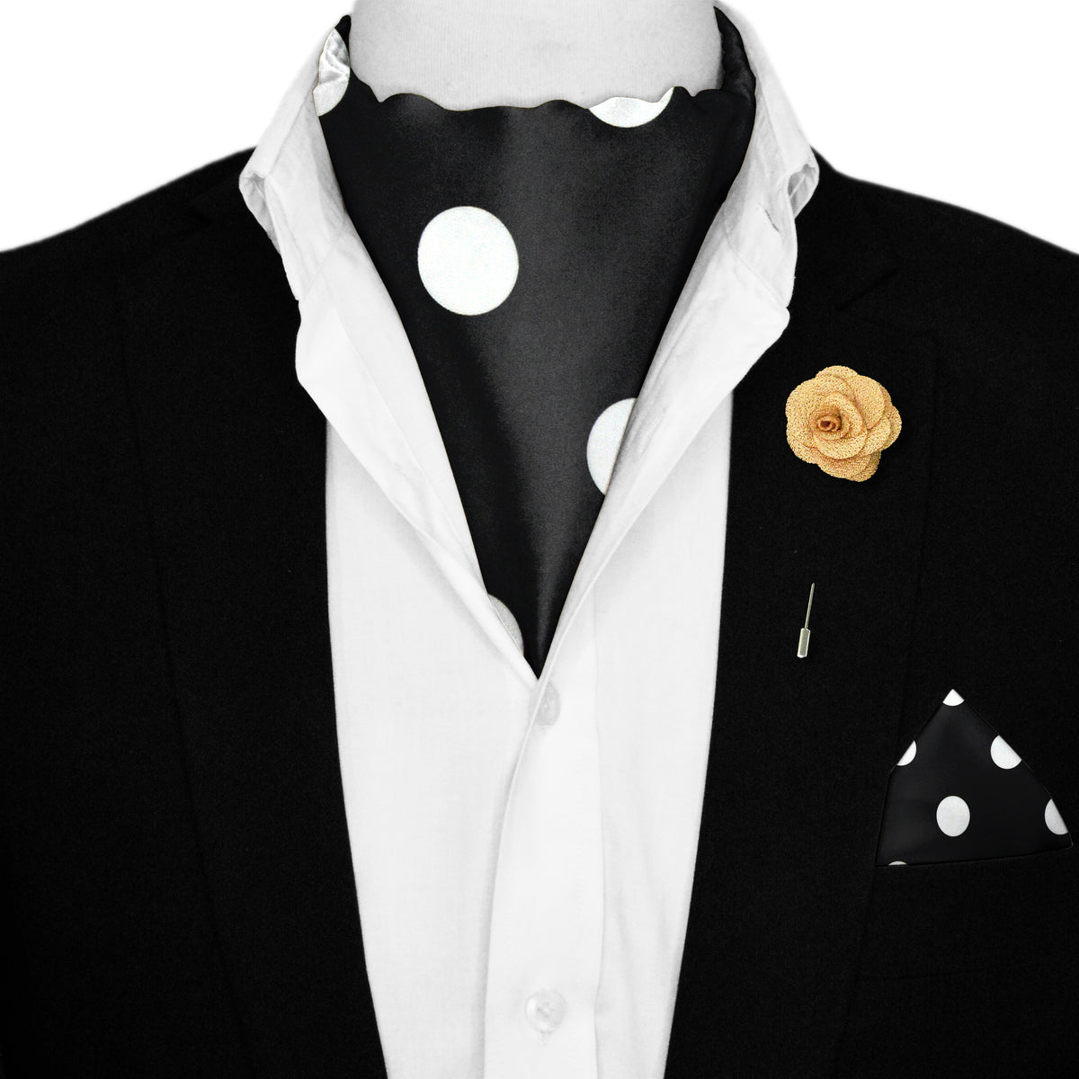 LARGE BLACK POLKA SILK ASCOT WITH LAPEL PIN AND POCKET SQUARE
