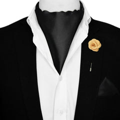 JET BLACK SILK ASCOT WITH LAPEL PIN AND POCKET SQUARE