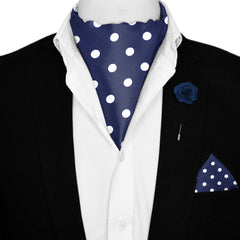 SMALL BLUE POLKA SILK ASCOT WITH LAPEL PIN AND POCKET SQUARE