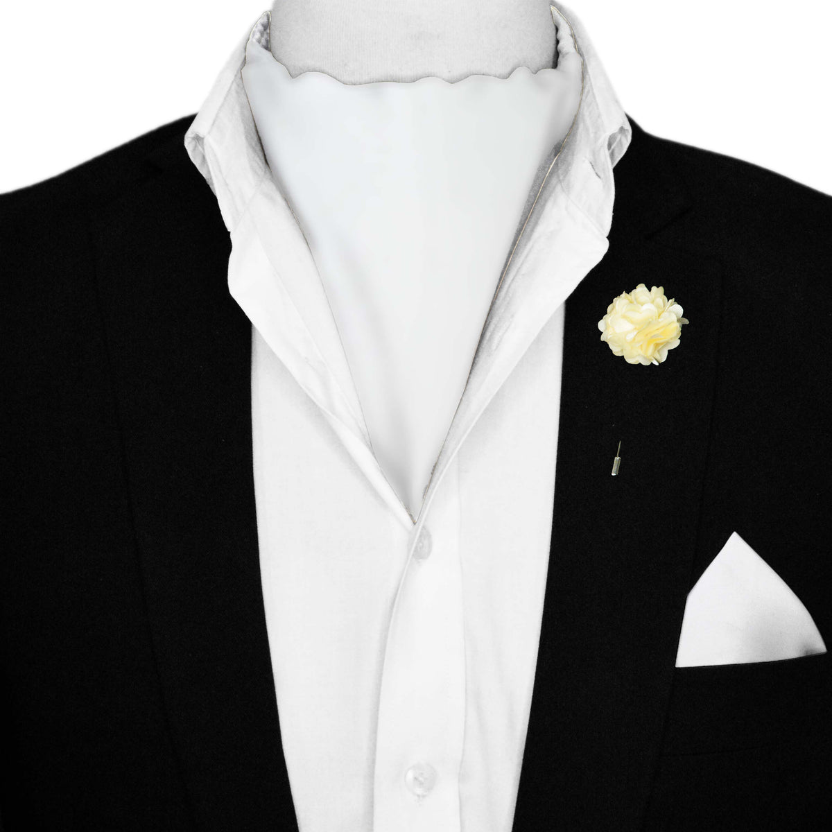 SOLD WHITE SILK ASCOT WITH LAPEL PIN AND POCKET SQUARE