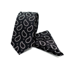 BLACK PAISLEY TIE AND POCKET SQUARE SET