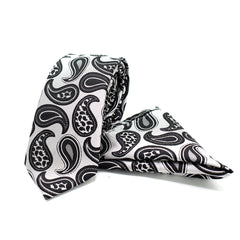 BLACK PAISLEY IN SHADES OF WHITE TIE AND POCKET SQUARE SET