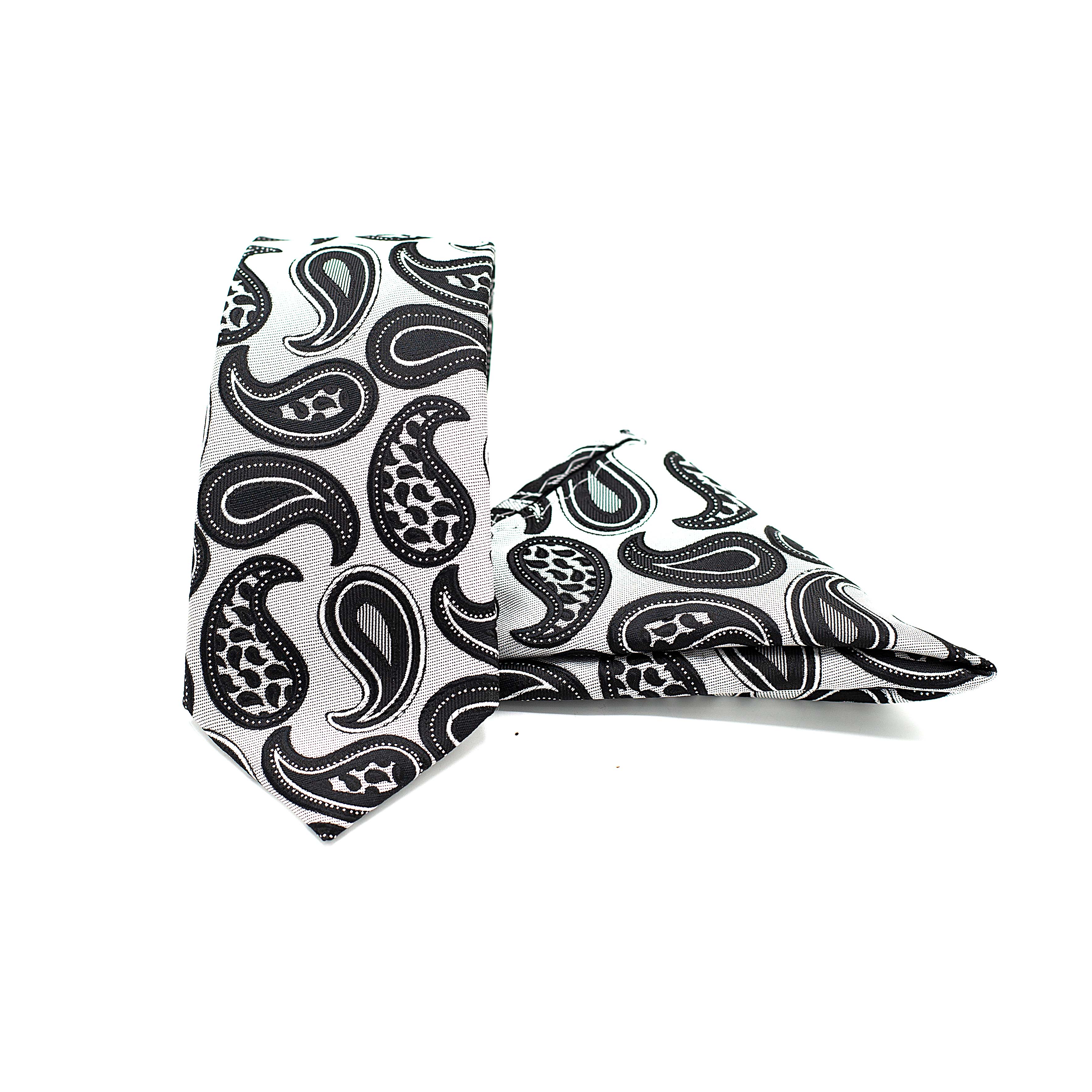 BLACK PAISLEY IN SHADES OF WHITE TIE AND POCKET SQUARE SET