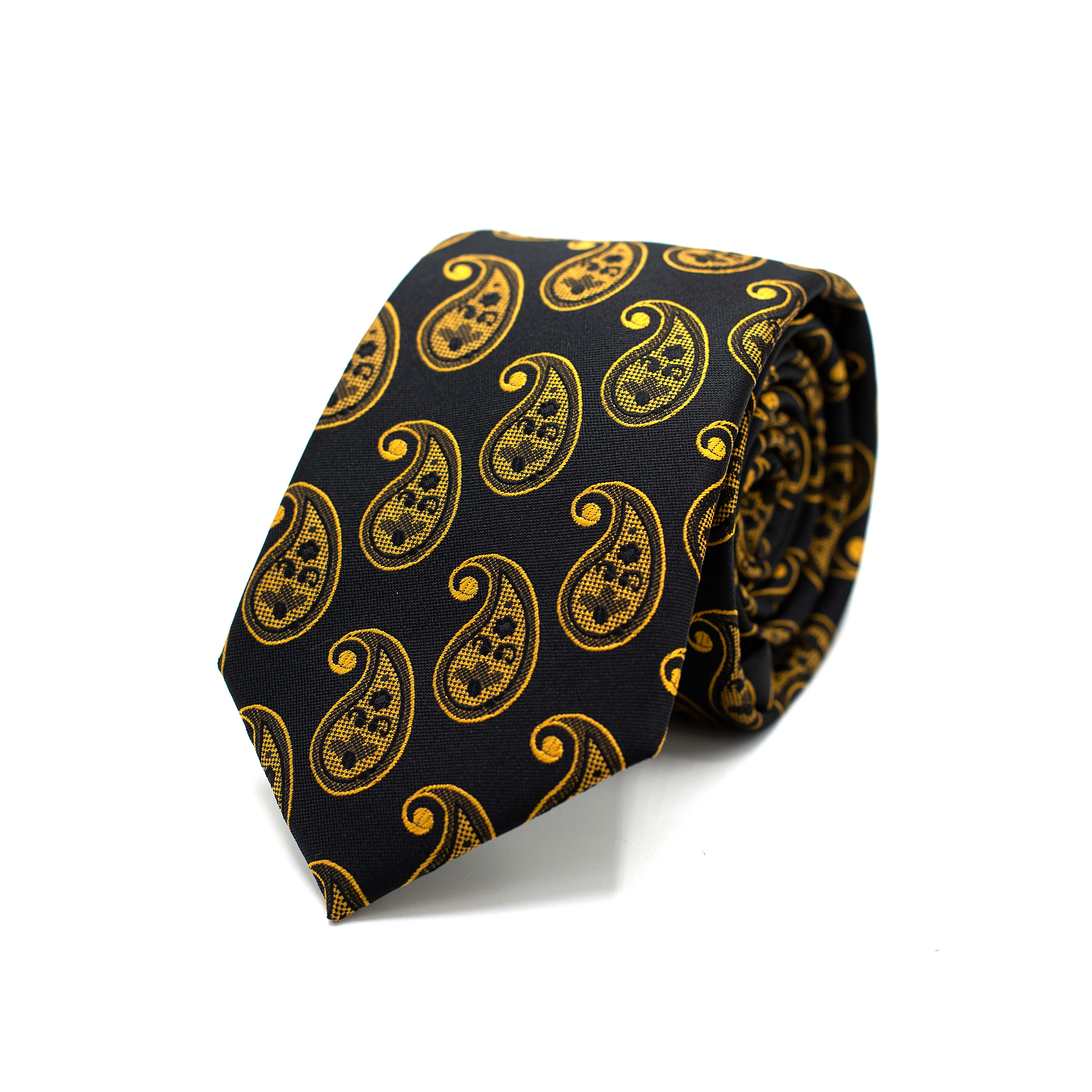 BLACK PAISLEY IN SHADES OF GOLD TIE AND POCKET SQUARE SET