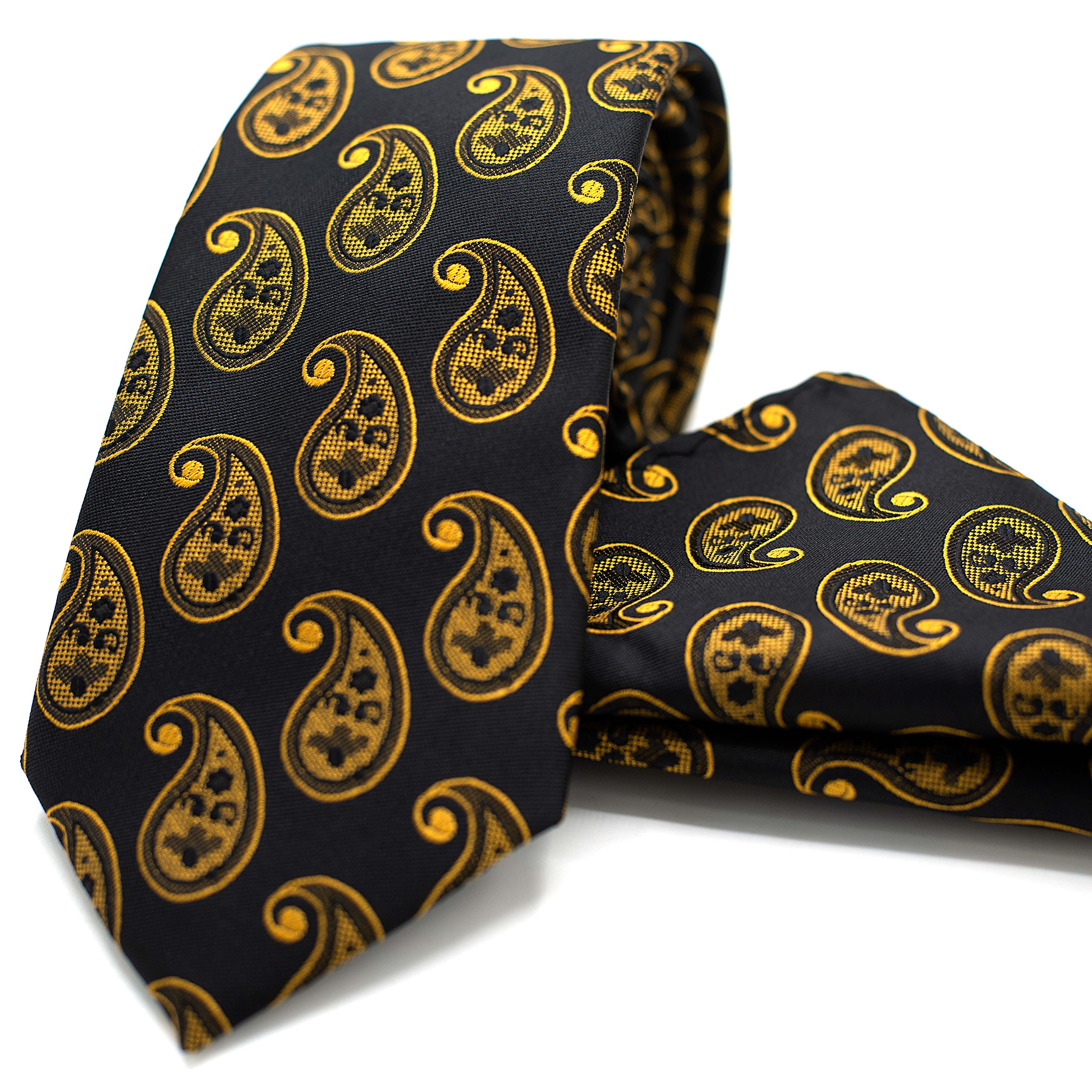 BLACK PAISLEY IN SHADES OF GOLD TIE AND POCKET SQUARE SET