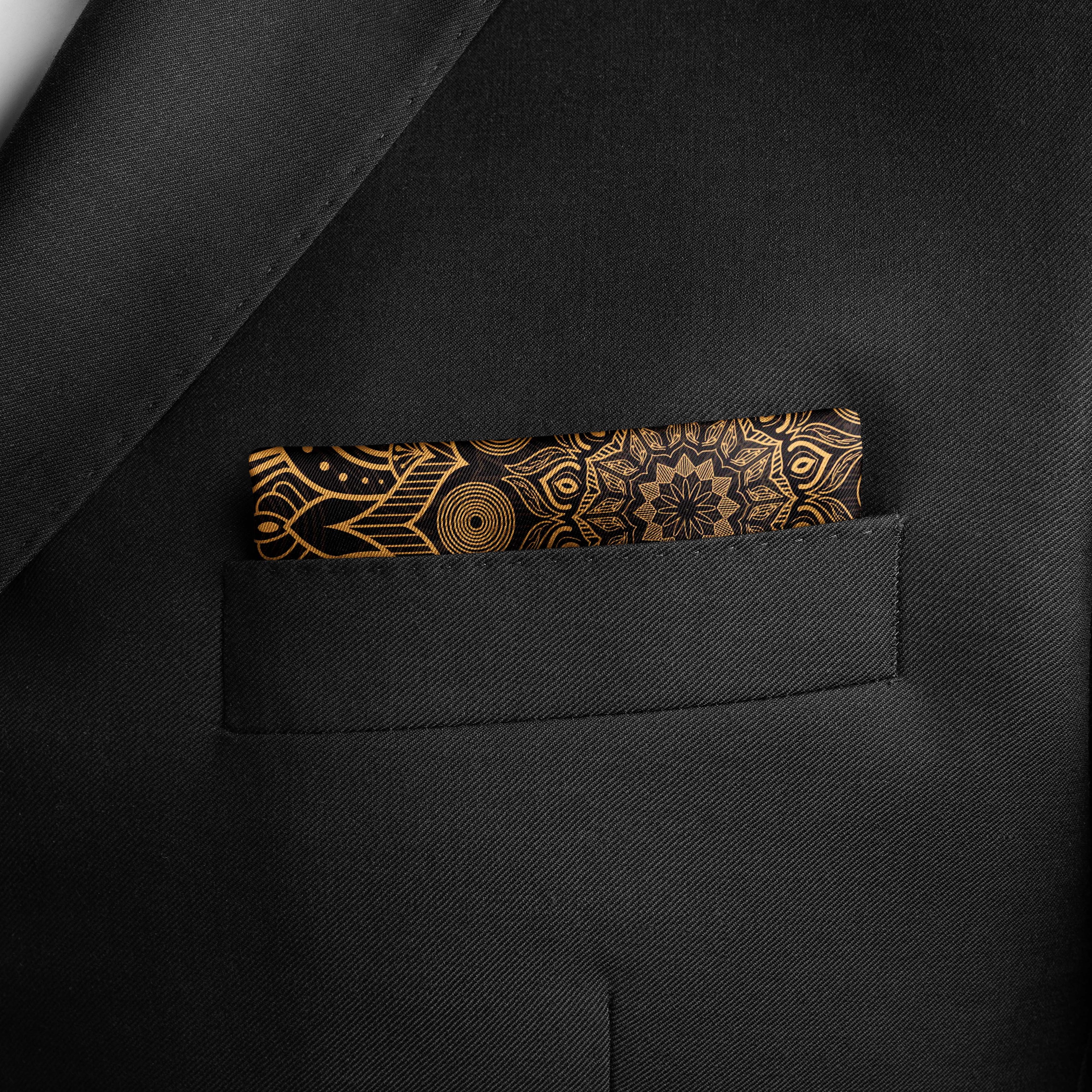 BLACK  AND GOLD ORNAMENT SILK POCKET SQUARE