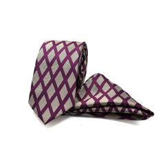 PURPLE DIAMOND GRID TIE AND POCKET SQUARE SET