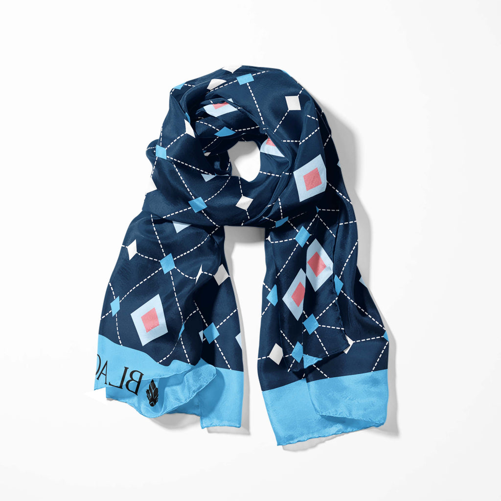 DIAMOND BLUE GEOMETRIC SILK SCARF WITH LAPEL PIN AND POCKET SQUARE