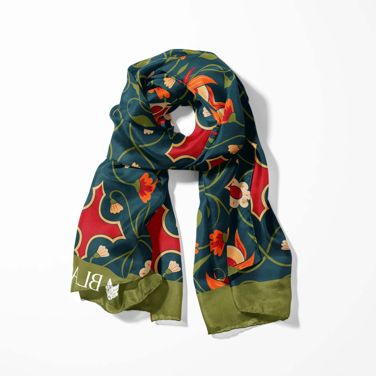 FLOWER AND LEAVES SILK SCARF WITH LAPEL PIN AND POCKET SQUARE