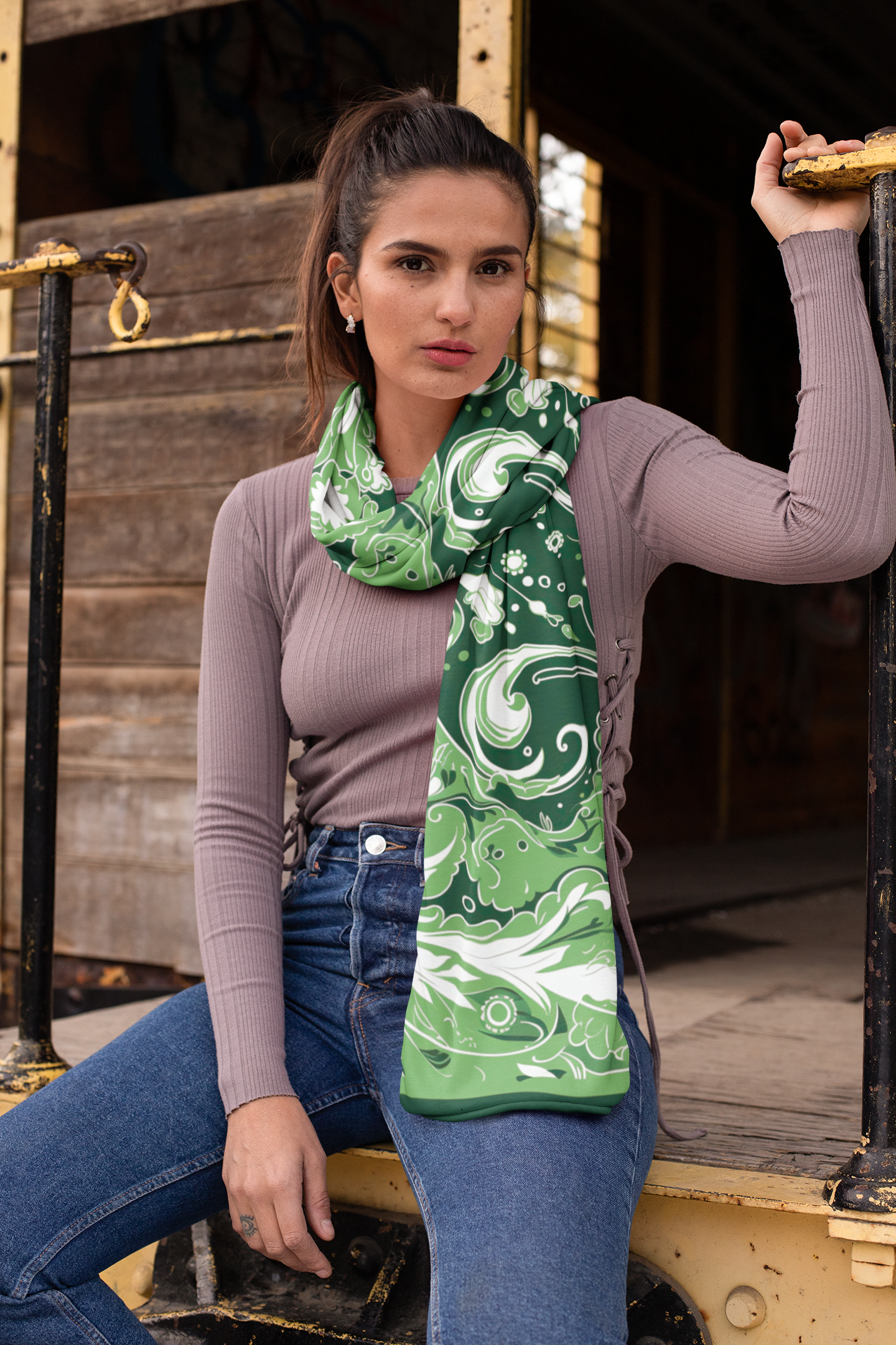 Green Printed Hijab | Women's Beautiful Hijab | Black Wolf