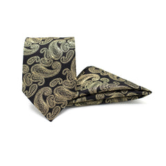 MAJESTIC BLACK & GOLD PAISLEY TIE AND POCKET SQUARE SET