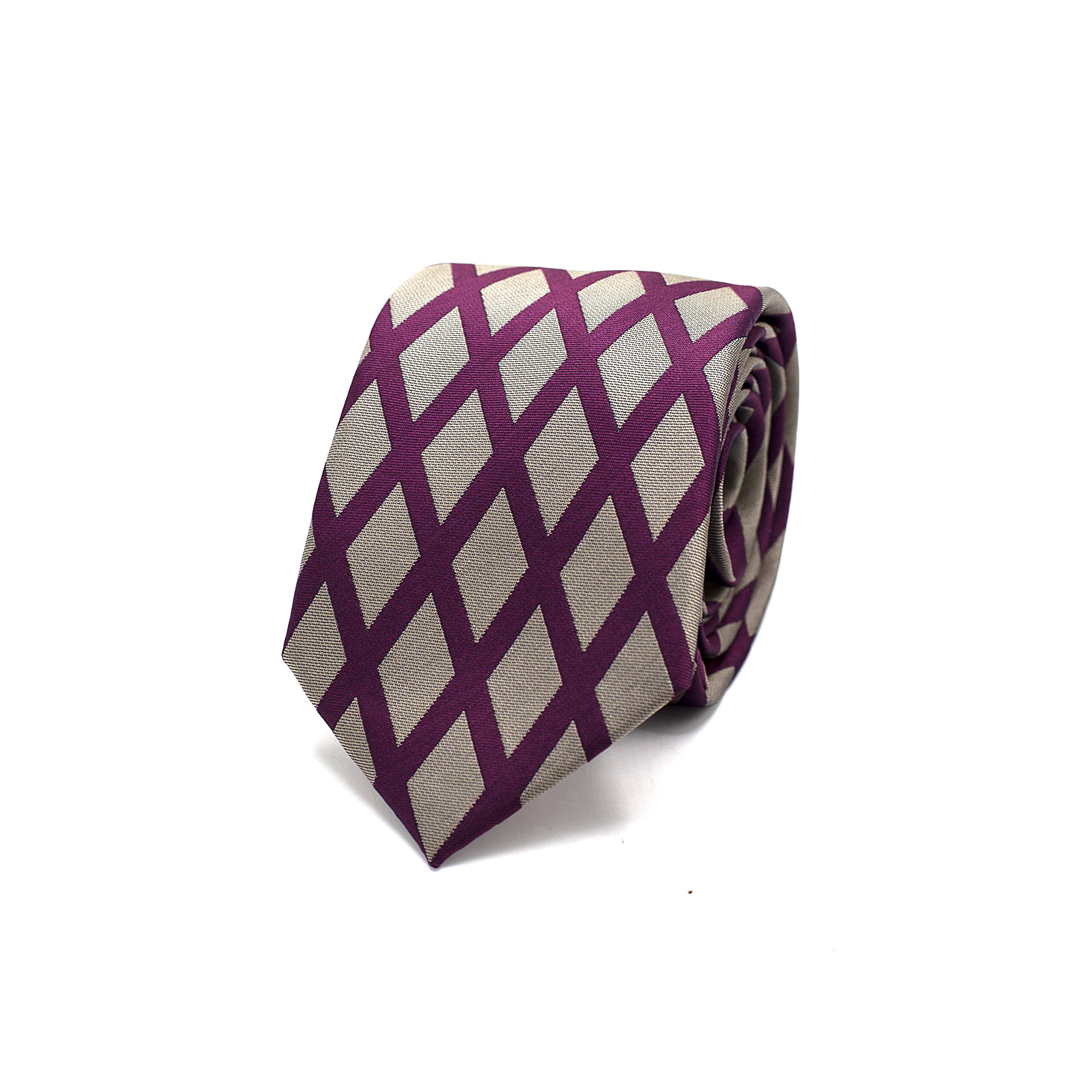 PURPLE DIAMOND GRID TIE AND POCKET SQUARE SET