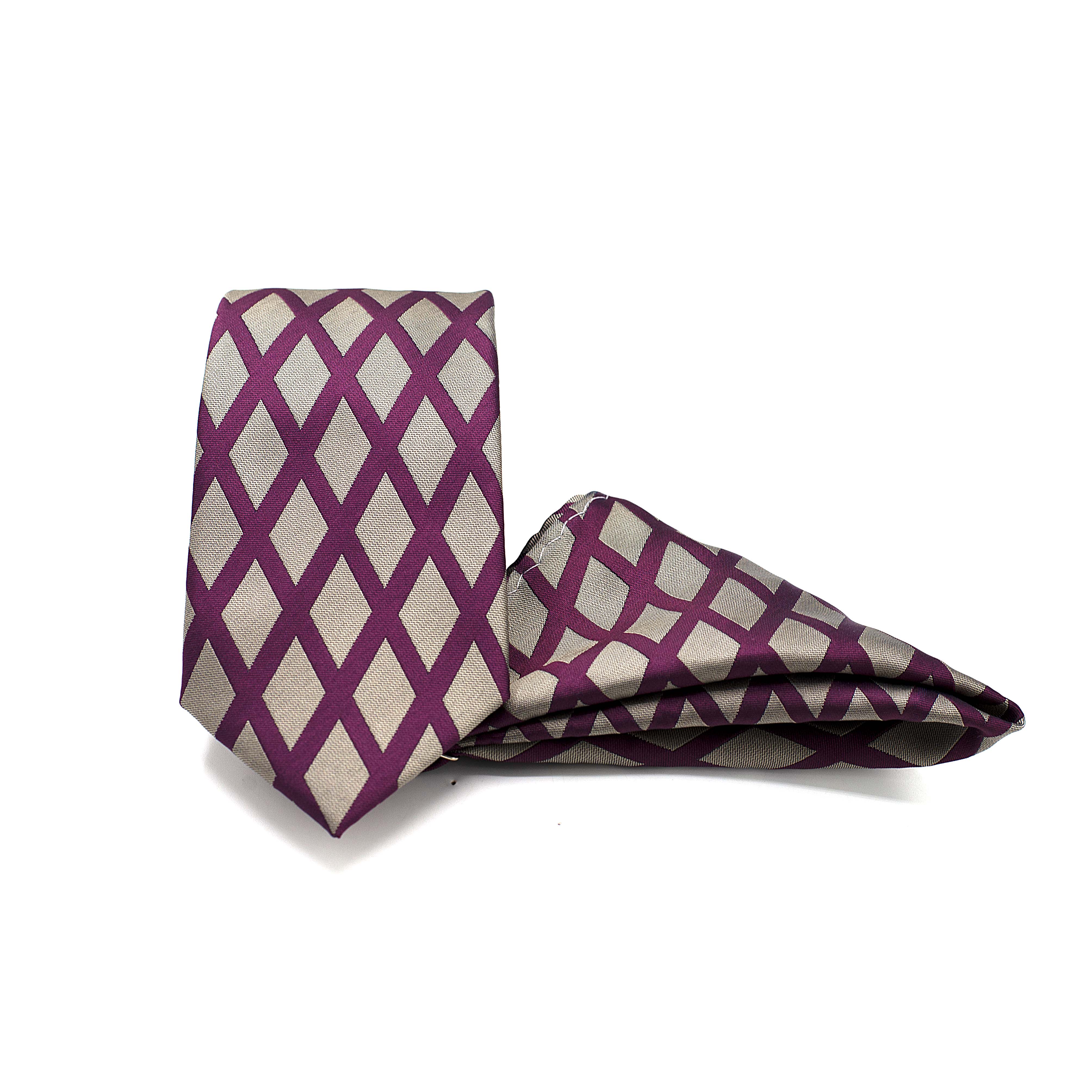 PURPLE DIAMOND GRID TIE AND POCKET SQUARE SET